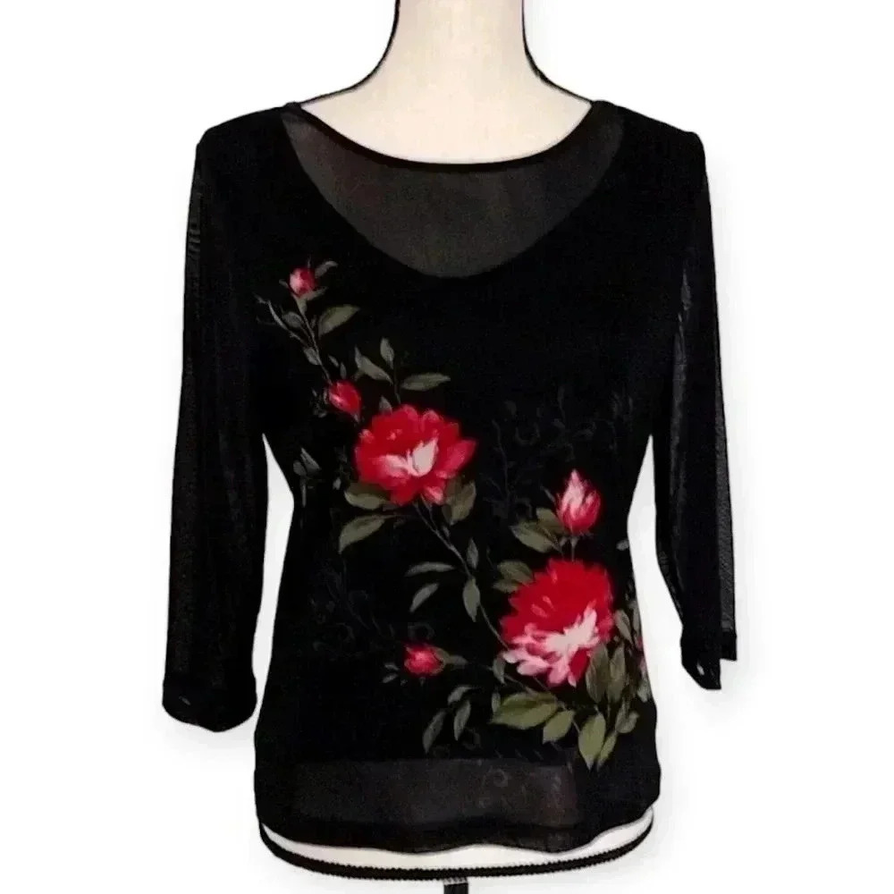 Women's Vintage Y2K Emma James Floral Semi Sheer Black Top 90s